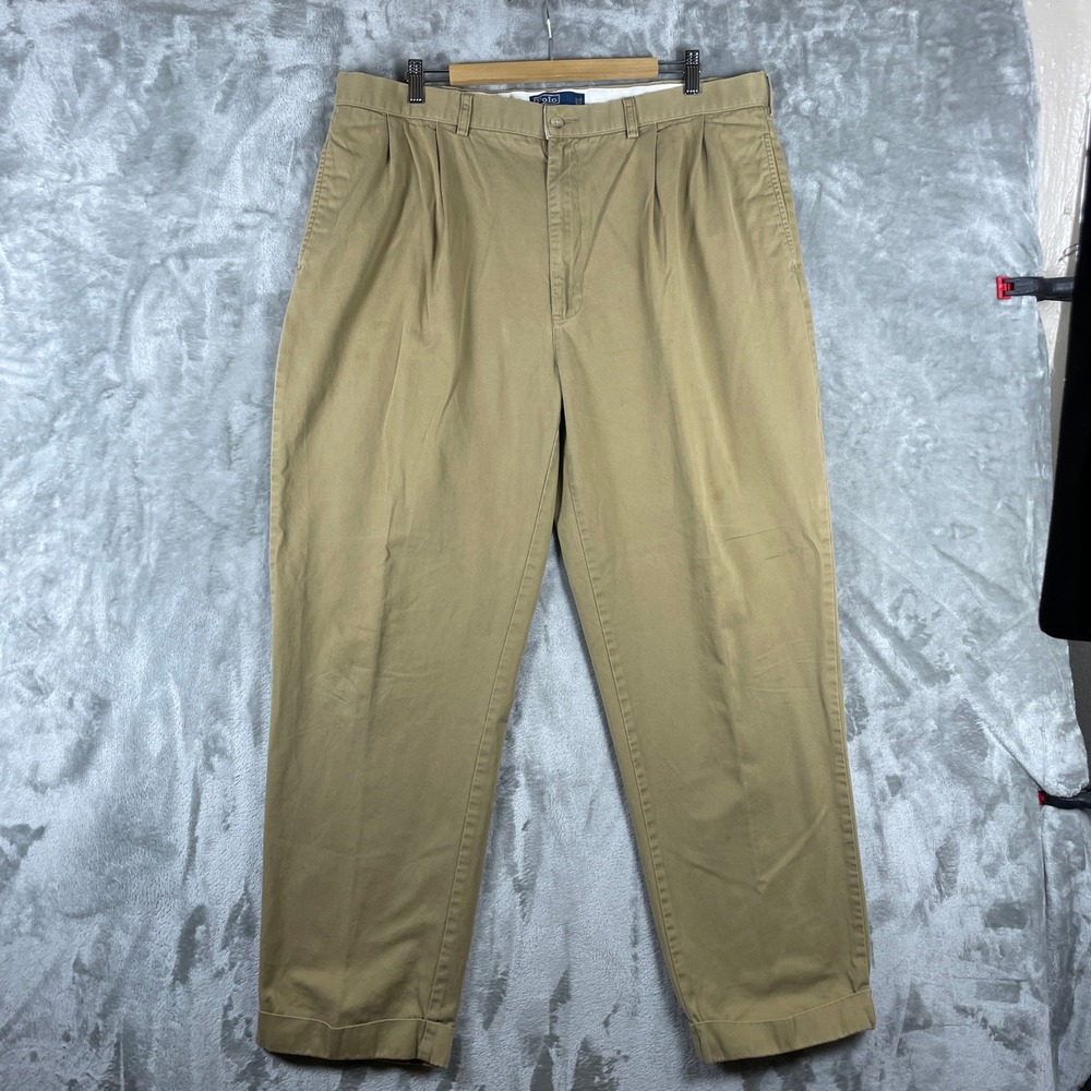 Vintage Polo Ralph Lauren Chino Pants Mens 40x32 Tan Pleated Cuffed Andrew Pant